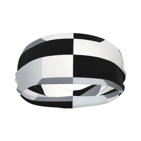 Fresh Black And White Piano Grid Print Sweatband Headband With Dope Stretchy Polyester Fabric for workout, side view showing design.