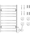 Curved 10 Bar Wall Mounted Towel Warmer Hardwired Electric Bath Towel Heater with mounting hardware, silver finish, modern design.