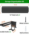 Heavy Duty Garage Tool Organizer With 48 Inch Rails And Six Double Layer Hooks, Wall Mount Storage Rack parts and dimensions