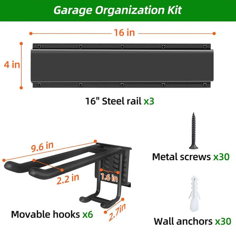 Heavy Duty Garage Tool Organizer With 48 Inch Rails And Six Double Layer Hooks, Wall Mount Storage Rack parts and dimensions