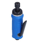 The Heavy Duty Pneumatic Air Die Grinder With Sealed Ball Bearings Runs Super Slick At 22000 Rpm in blue ergonomic design, compact angle for tight spaces.