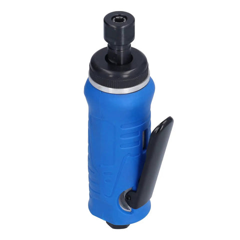 Heavy Workhorse Pneumatic Air Die Grinder Featuring Bulletproof Sealed Ball Bearings And Swappable 3mm 6mm Chucks, blue body with handle, top view.