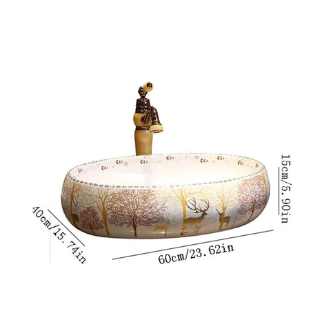 USZWBY Vessel Sinks Bathroom Vessel Sink Forest Art Countertop Basin Nordic Ceramic Washbasin with faucet, 60cm long, decorative design.