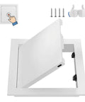 Built Tough Heavy Duty Ceiling Access Panel With Secure Magnetic Push Latch For Drywall Basements And Attics Flush Mount Wall Cover For Hvac Plumbing And Electrical No Sweat Install White showing open panel with latch.