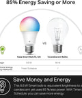 Comparison of Smart A19 LED Bulbs, Multicolor Dimmable WiFi Lights with incandescent bulbs highlighting 85% energy savings.