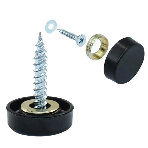 Sleek Stainless Steel Decorative Screw Caps For Wall Frames And Mirrors Rustproof 16mm Black Hardware Covers with screws and washers.
