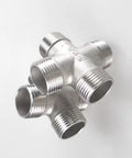Pro Builder Grade SS304 Stainless Steel Four Way Cross Pipe Connector Male Bspt Thread Plumbing Fitting, close-up view.