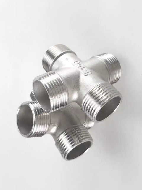 Pro Builder Grade SS304 Stainless Steel Four Way Cross Pipe Connector Male Bspt Thread Plumbing Fitting, close-up view.