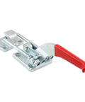 Built Tough 2 Pack Heavy Duty U Hook Latch Clamps With Threaded U Bolt And Rubberized Thumb Lever For Secure Hauler Rigging 4000 Lb Pull Action Grip close-up view of a U hook latch clamp with red lever and steel base.