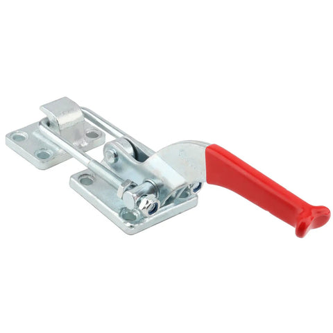 Built Tough 2 Pack Heavy Duty U Hook Latch Clamps With Threaded U Bolt And Rubberized Thumb Lever For Secure Hauler Rigging 4000 Lb Pull Action Grip close-up view of a U hook latch clamp with red lever and steel base.