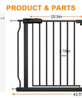 Diagram of Extra Wide Baby Gate For Stairs And Doorways Tall Black Or White Metal Tension Gate with parts and measurements shown.