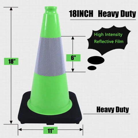 Heavy Duty 18 Inch Traffic Cones Set With 6 Inch Reflective Collars, Lime Green PVC Construction Cones For Home Driveway, Road Parking Or Job Site, Wind Resistant Weighted Base Keeps Them Standing In Any Weather