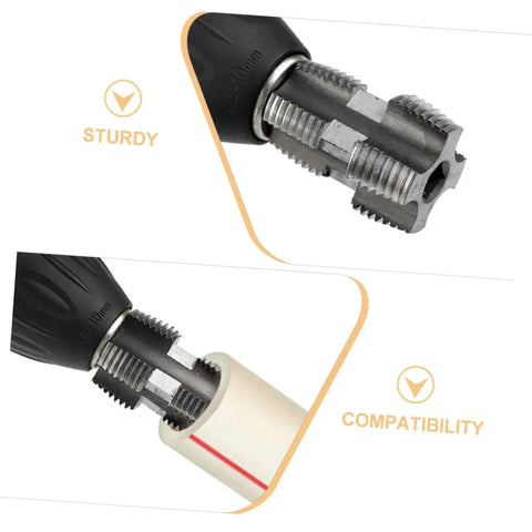 BESPORTBLE PPR PVC Pipe Threading Tool For Electric Drill And Manual Use on PVC pipe, highlighting sturdy steel adapter and compatibility.