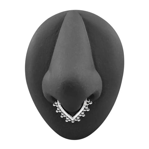 Dope Tribal Multi Dot V Shape Design 14 Gauge 316L Surgical Steel Hoop Clip On Fake Septum Nose Ring on black display