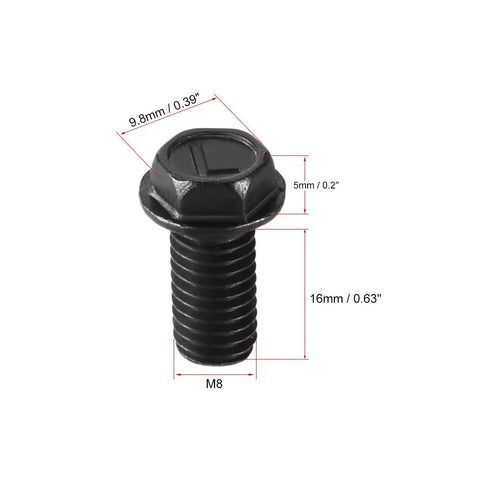 Built Like A Tank M8 X 16mm Hex Flange Bolts Left Hand Thread High Grade Carbon Steel With Matte Black Finish Two Piece Pack Heavy Duty with dimensions