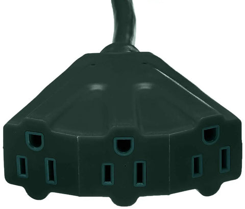 Close-up of three-outlet plug on Eight Foot Vinyl Indoor Outdoor Extension Cord With Three Outlets Grounded 13 Amp 1625 Watt 125 Volt
