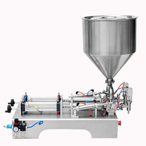 Straight Up Reliable Dual Nozzle Pneumatic Piston Filler For Liquids And Thick Pastes 20 To 300ML with stainless steel funnel.