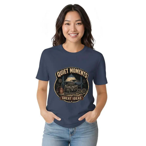 Vintage Mechanical Engineer T Shirt With Cool Engine And Wrench Design For Car Enthusiasts Who Love Garage Projects Soft Cotton Tee on a woman in a blue cotton tee.