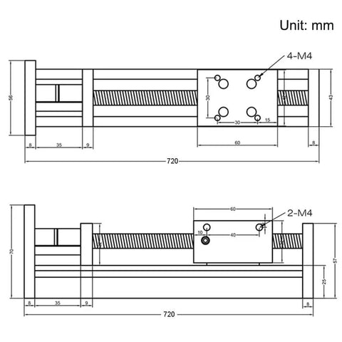 Technical drawing of 600mm Travel Linear Stage Actuator With SFU1605 Ballscrew And Square Rails NEMA23 Stepper Motor Included