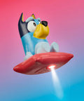 Bluey Nightlight For Kids 2 In 1 Toddler Lamp And Flashlight with auto off timer, glowing character on red base, soft blue and pink background.