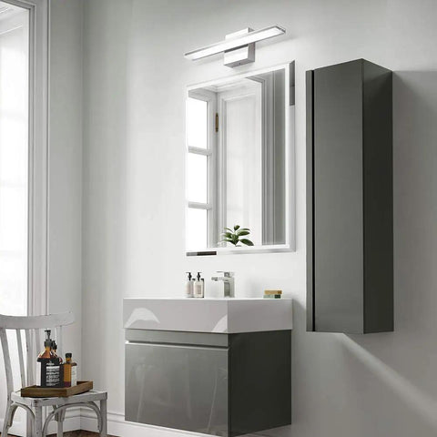 Bathroom interior with Lit Modern LED Vanity Light Bar for Bathroom, 16 Inch Chrome Mirror Light Fixture above mirror