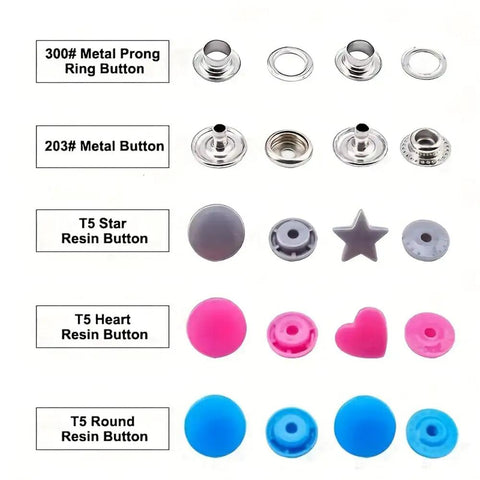 Premium Pink Snap Button Kit With Heavy Duty Aluminum Pliers And Full Die Set Including Resin Metal Snaps Plus Eyelet Grommets, showcasing metal prong ring buttons and resin buttons.