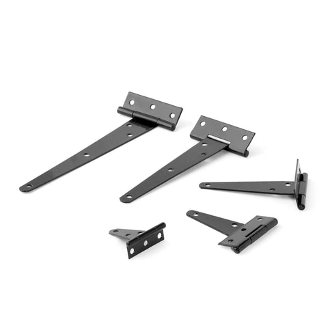 Hella Sturdy Heavy Duty T Shaped Black Iron Barn Door Hardware Kits Built Tight For Rustic Kitchen Cabinets Secure Wardrobes And Patio Gate Brackets Pair, showing various black iron T-shaped hinges.