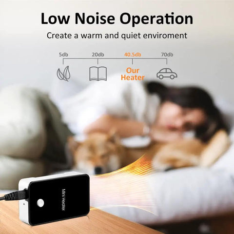 Image showing Compact Portable Space Heater For Desk And Office, Personal Electric Warmer With Quick 3 Second Heat, Whisper Quiet Operation, Safe Plug In, Cozy Up Fast In Any Room Or On Your Desktop, Black in front of a sleeping person with a pet, demonstrating quiet operation.