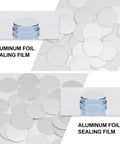 Premium Aluminum Foil Sealing Gasket Liners For Plastic Silver Bottles And Glass Jars To Keep Herbs Spices Fresh Waterproof Pressure Sensitive Air Seal Cap Insert close-up with silver sealing film on bottle.