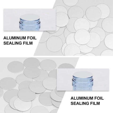 Premium Aluminum Foil Sealing Gasket Liners For Plastic Silver Bottles And Glass Jars To Keep Herbs Spices Fresh Waterproof Pressure Sensitive Air Seal Cap Insert close-up with silver sealing film on bottle.