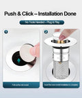 Heavy Duty Bathroom Sink Stopper Strainer With Removable Stainless Steel Filter Basket Stops Hair And Gunk Keeps Drains Clear For Easy Pop Up Replacement That Chews Daily Mess Without Breaking A Sweat installation guide showing removal and insertion steps.