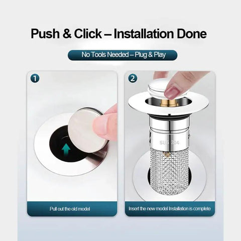 Heavy Duty Bathroom Sink Stopper Strainer With Removable Stainless Steel Filter Basket Stops Hair And Gunk Keeps Drains Clear For Easy Pop Up Replacement That Chews Daily Mess Without Breaking A Sweat installation guide showing removal and insertion steps.