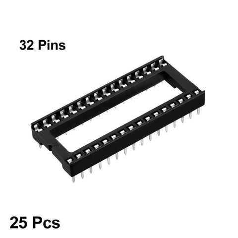 Double Row DIP IC Socket Kit 32 Pin 2.54mm Pitch Adapters For Soldering 15.2mm Row Spacing 25 Pack, black plastic, silver pins.
