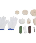 11 Piece Polishing Buffing Wheel Kit With Cotton Flannel Pads And Wax Rod Mount For Cordless Drills Laying Down A Smooth As Butter Finish On Metal Wood And Glass Every Time includes gloves and various pads.