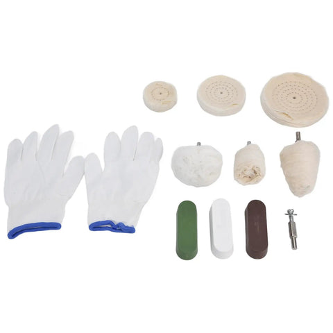 11 Piece Polishing Buffing Wheel Kit With Cotton Flannel Pads And Wax Rod Mount For Cordless Drills Laying Down A Smooth As Butter Finish On Metal Wood And Glass Every Time includes gloves and various pads.