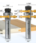 Tongue And Groove Router Bit Set With 1/2 Inch Shank T-Shape 3 Teeth Wood Milling Cutter For Cabinets Floors Wainscoting And DIY Woodworking Projects 2 Pack, showing specifications
