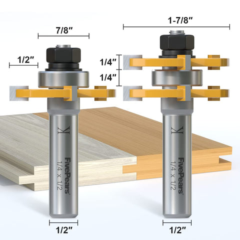 Tongue And Groove Router Bit Set With 1/2 Inch Shank T-Shape 3 Teeth Wood Milling Cutter For Cabinets Floors Wainscoting And DIY Woodworking Projects 2 Pack, showing specifications