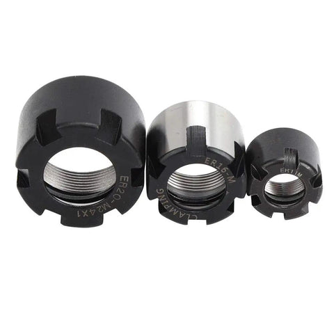 Durable Steel CNC Collet Nuts For Woodworking Machines That Fit ER11M ER16M ER20M showing black and silver heavy duty fasteners.