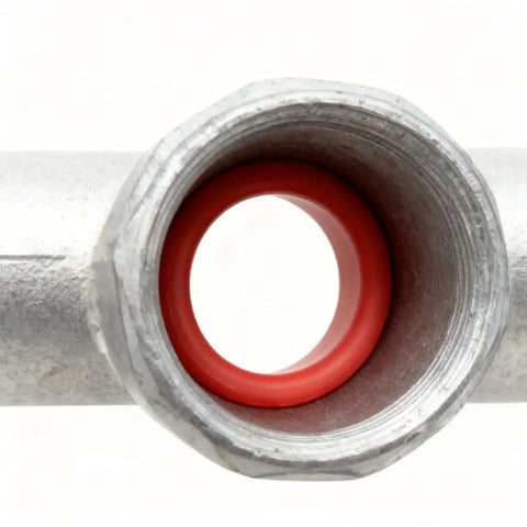 Close-up of red O-ring in pipe fitting, part of Silicone O Ring Kit With Metric Sizes 70 Shore A Hardness For Extreme Temperature Sealing.