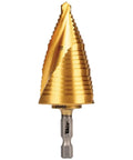 Front view of Step Drill Bit Set For Thin Metal Plastic Aluminum And Wood Seven Eighths To One And Three Eighths Inch Double Spiral Flutes For Fast Cutting Titanium Nitride Coating Heat Dissipation Quarter Inch Hex Shank By Klein Tools.
