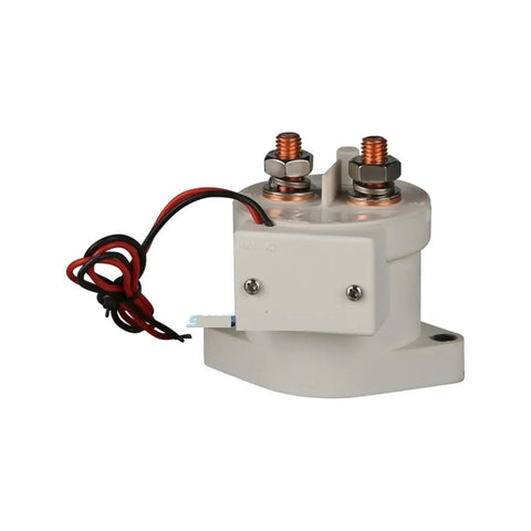 Heavy Duty EV Power Relay With Normally Open And Closed Terminals For Electric Whips And Battery Banks showing compact design and copper terminals.