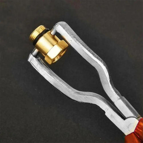 Close-up of Heavy Duty Fuel Line Pliers For Chevy Volt Bolt Blazer Ev gripping a brass nut for tight automotive work.