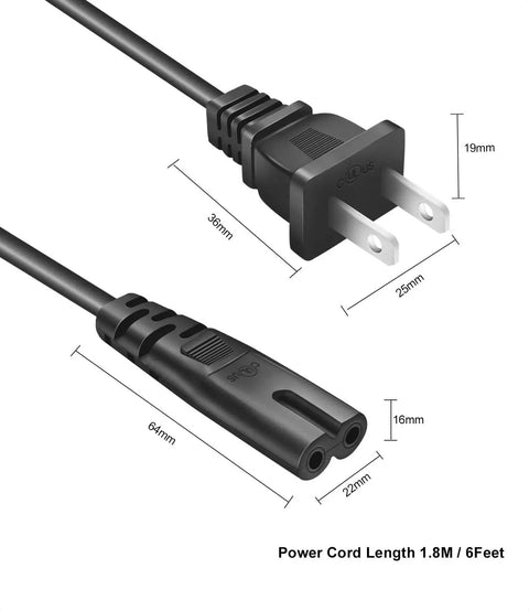 6 Ft Universal 2 Prong AC Power Cord For TVs, Printers And Laptops, showing black C7 to NEMA 1-15P connectors, 6-foot length