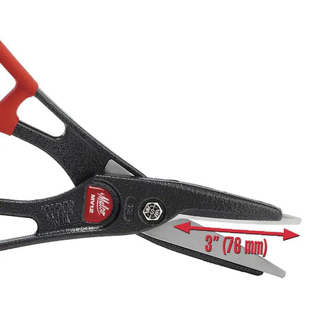 All Purpose Snip For Vinyl Siding Aluminum Trim Coil Vinyl Flooring Carpeting Leather And Landscaping Edging A Heavy Duty Alloy Steel Blade Handled Cut Through Lock Seams And Thick Materials With Ease Ideal DIY Tool close up showing 3 inch blade measurement