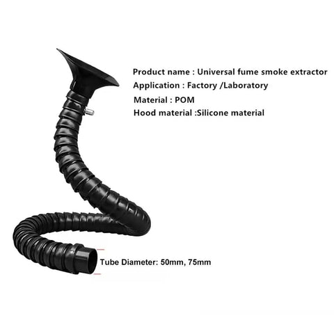 Tough As Nails Industrial Welding Fume Extraction Arm Hella Flexible 50mm Pom Exhaust Pipe with black capture hood for ventilation.
