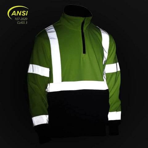 High Visibility 2 Tone Safety Sweatshirt With ANSI Class 3 Compliance Quarter Zip Lime And Navy XL Reflective Tape