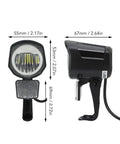 Universal 12V-72V LED Front Headlight for Electric Bikes and Scooters with measurements shown, black and weatherproof