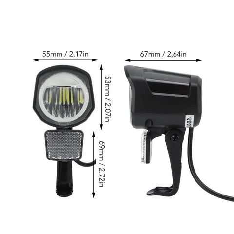 Universal 12V-72V LED Front Headlight for Electric Bikes and Scooters with measurements shown, black and weatherproof