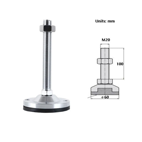 Heavy Duty Adjustable Leveling Feet 4 Pack With M20 Threaded Rods And Massive 2.4 Inch Bases for sturdy setup with dimensions shown.