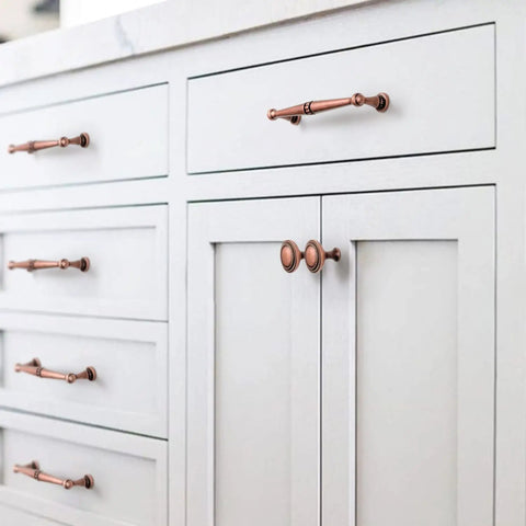 Six Pack Antique Copper Drawer Knobs Set Zinc Alloy Cabinet Hardware Vintage Style Pulls Installed on Kitchen Cabinets